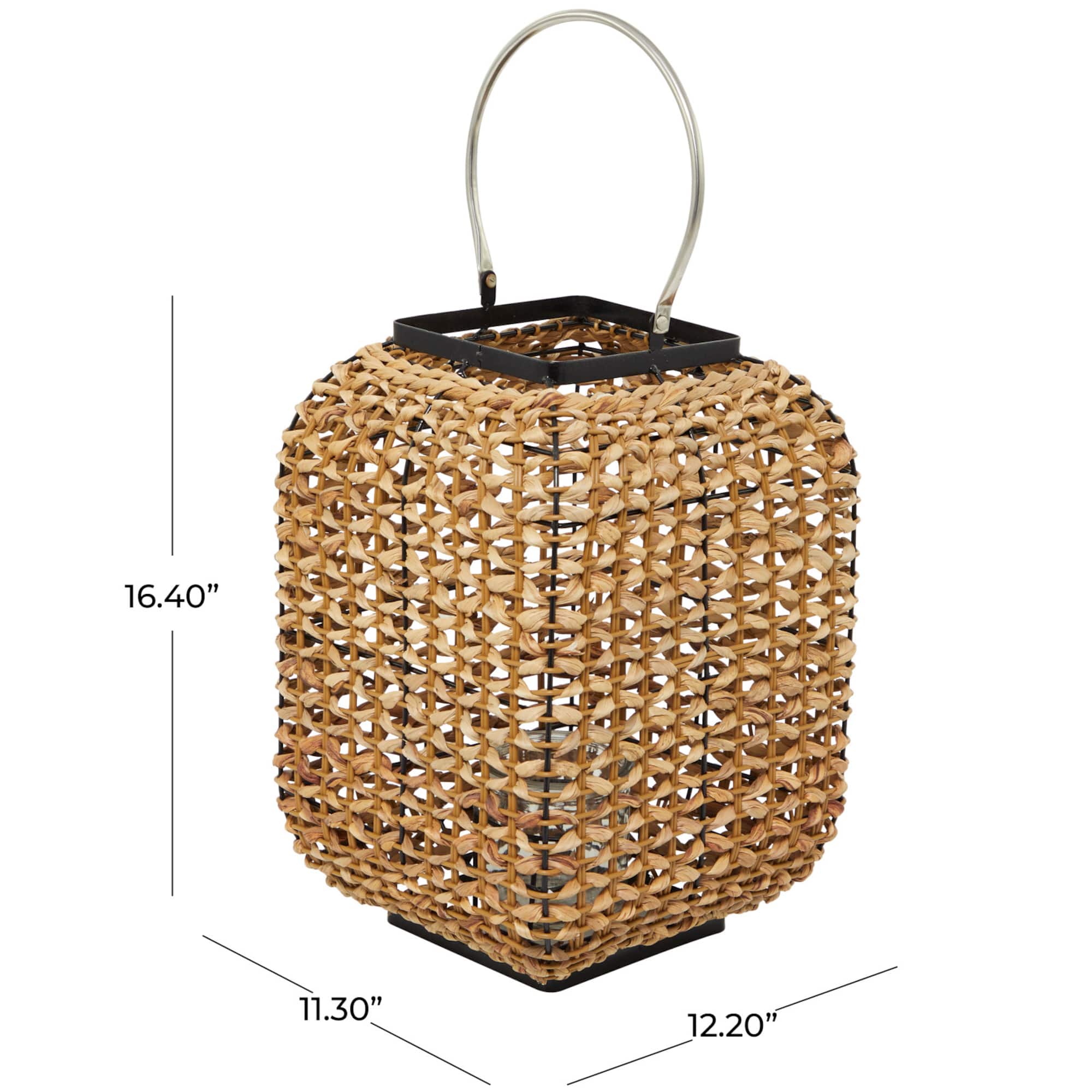 16" Brown Dried Plant Handmade Candle Lantern with Glass Holder and Handle